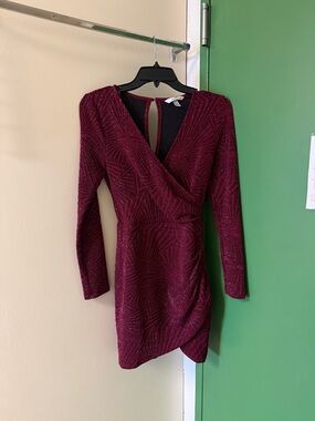 Speechless Long Sleeve Sparkle Wrap Dress in Burgundy